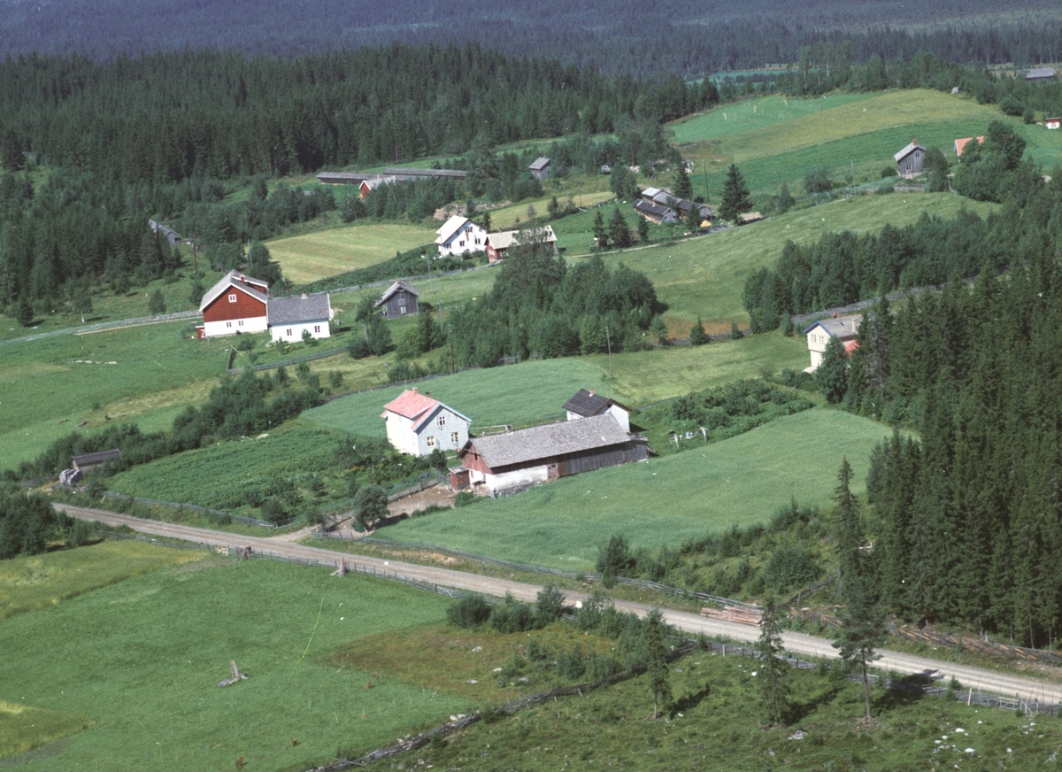 Widerøes Flyveselskap A/S, Flyfoto, Nyborg, Brøttum, Ringsaker, flere gardsbruk.