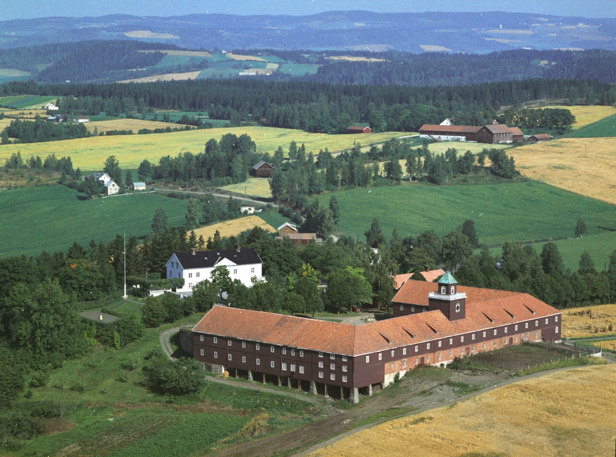 Widerøes Flyveselskap A/S, Flyfoto av Skredshoel gård, Ringsaker. Hovedbygning og låven.