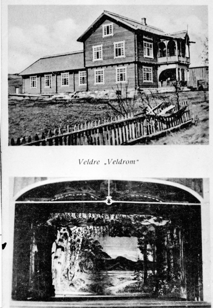 Anno Domkirkeodden, Todelt postkort. Eksteriør, forsamlingshuset Veldrom, interiør, scene, bygd 1913, Veldre Almenning kjøpte det i 1919. Ringsaker.
