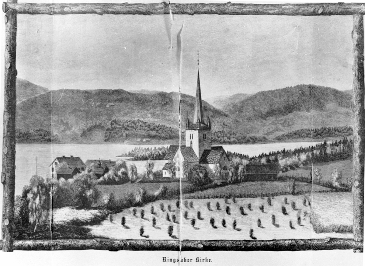 Anno Domkirkeodden, Ringsaker kirke og prestegård. Trykk av kobberstikk.
