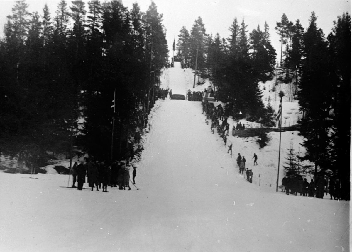 Anno Domkirkeodden, Hopprenn i Gubbebakken, Furnes, Ringsaker, folk, flagg.