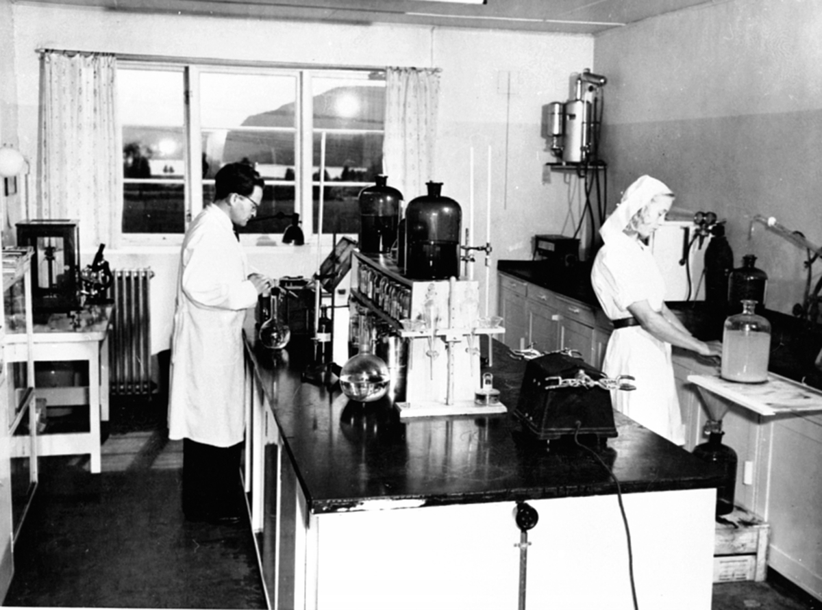 Anno Domkirkeodden, Interiør, laboratoriet på A/S Oplandske Konservesfabrikk, Stabburet, Nora. Brumunddal. Kåre Prøven og Mimi Bergaust.