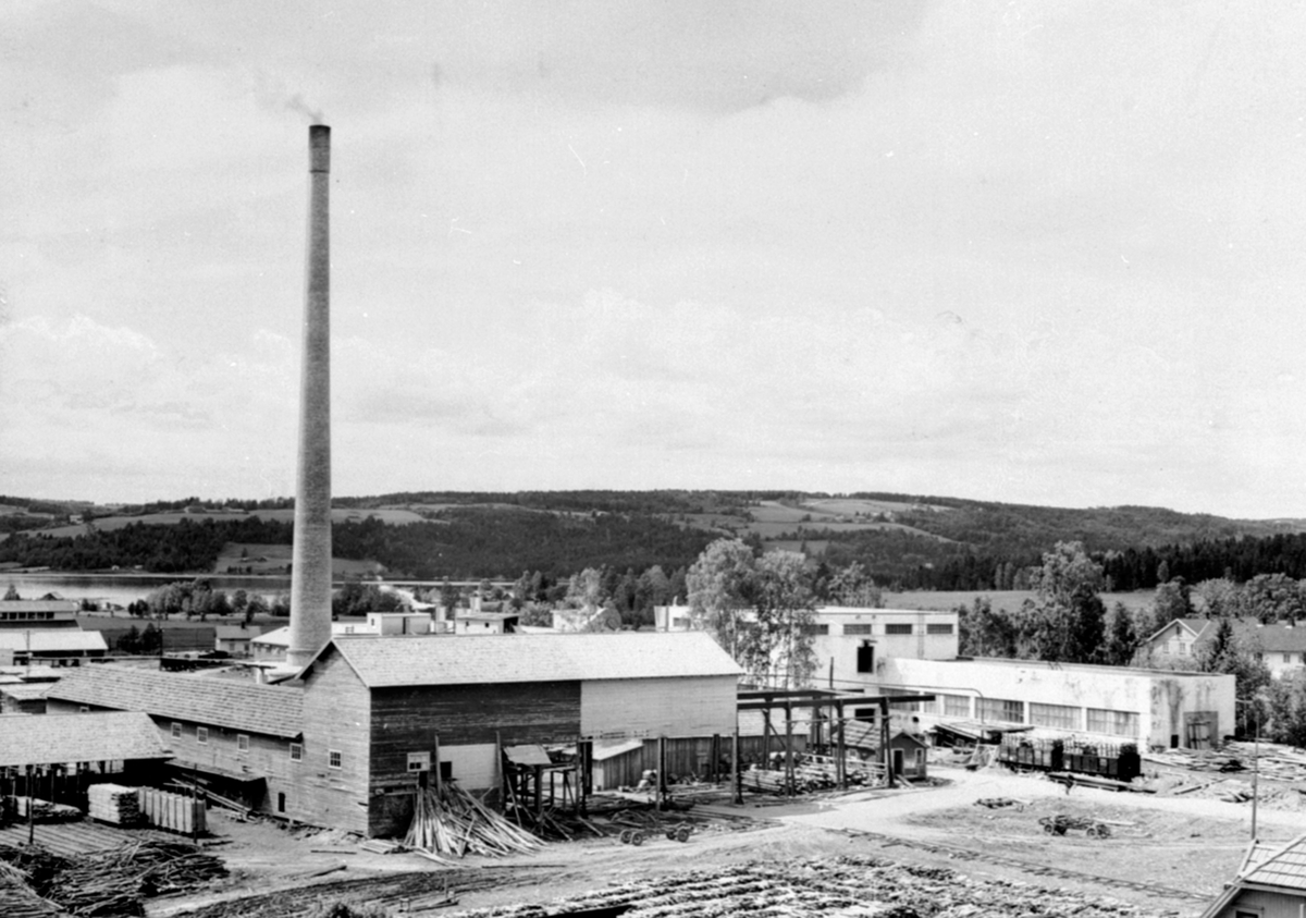 Anno Domkirkeodden, Oversikt Berger Langmoen A/S, fabrikkområdet, Brumunddal, til venstre gamlesaga, til høyre wallboardfabrikken. "Langmopipa" Fabrikkpipe.