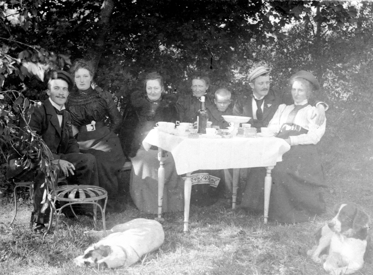 Anno Domkirkeodden, Kaffebord ute på Nederkvern gård, Brumunddal. Fra venstre er Birger Bjerke, Marthe Bjerke født Narud, Anne Marie Hvinden Haug, Ottilia Bjerke født Grüner, Karl Thor Løken, Thore Bjerke, Marta Bjerke.