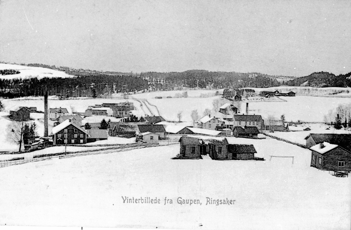 Anno Domkirkeodden, Oversikt Gaupen sentrum, til venstre er Gaupen Brenneri (startet i 1847), til høyre er Gaupen Meieri, Hersaug gård bak til høyre. Postkort.