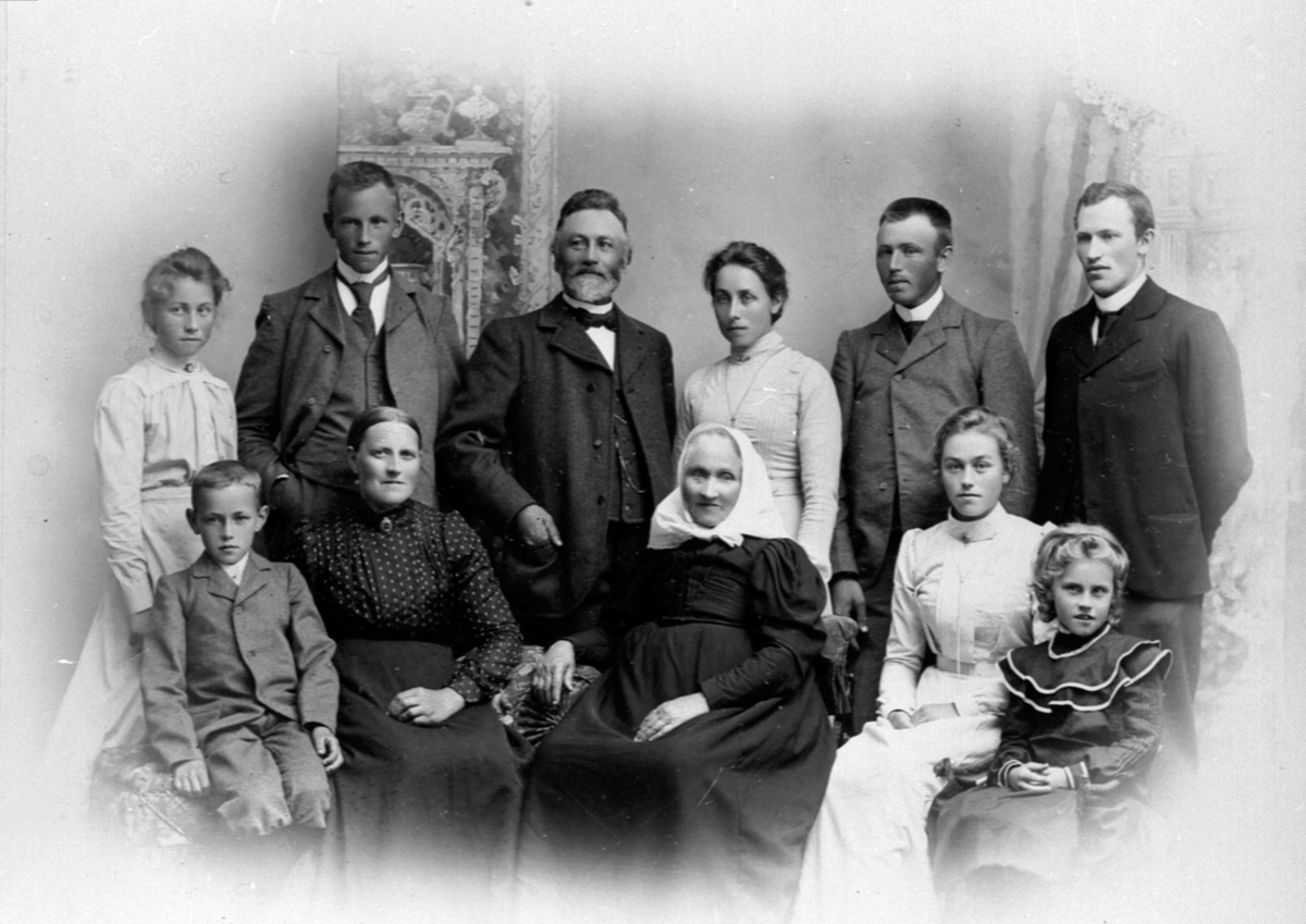 Anno Domkirkeodden, Familien Hauger. Foran fra venstre er Jørgen Hauger, Agnethe Hauger, Berthe Ellingsdatter f. Mæhlum, Berthe Hauger, Helga Hauger, bak er Anna Hauger, Peder Hauger, Lars Nilsen Hauger, Mathea Hauger, Nils Hauger, Even Hauger.