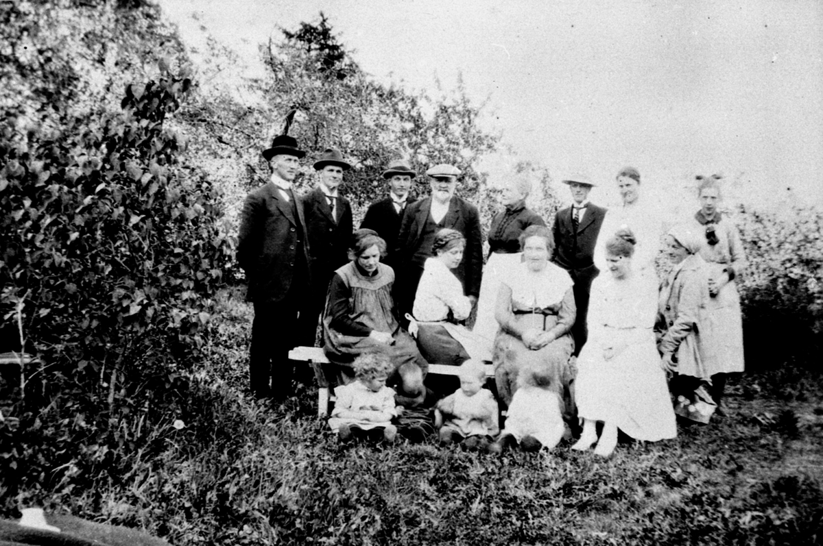 Anno Domkirkeodden, Voksne og barn i hagen på Simenstad, Veldre, Ringsaker. Ansten og Dina Simenstad med barn, svigerbarn og barnebarn.
