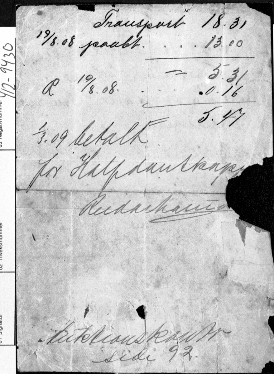 Anno Domkirkeodden, Kopi av kvittering fra 1907, kjøpt pidestall på avbetaling, Olaf Andreassen Stensveen, Prøysenstua, Rudshøgda, Ringsaker.