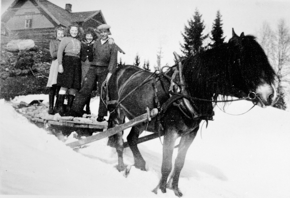 Anno Domkirkeodden, Steinkjøring med hest og slede. Karlstad i Brennliroa, Åsmarka, Ringsaker. Sleden full av folk. Bertha Brennlien, ukjent, ukjent, Nils Brennlien.