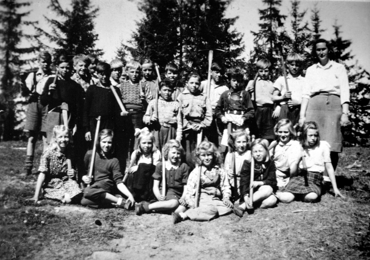 Anno Domkirkeodden, Skoleelever på skogplanting på Eik, Helgøya. Lærer er frøken Østberg.