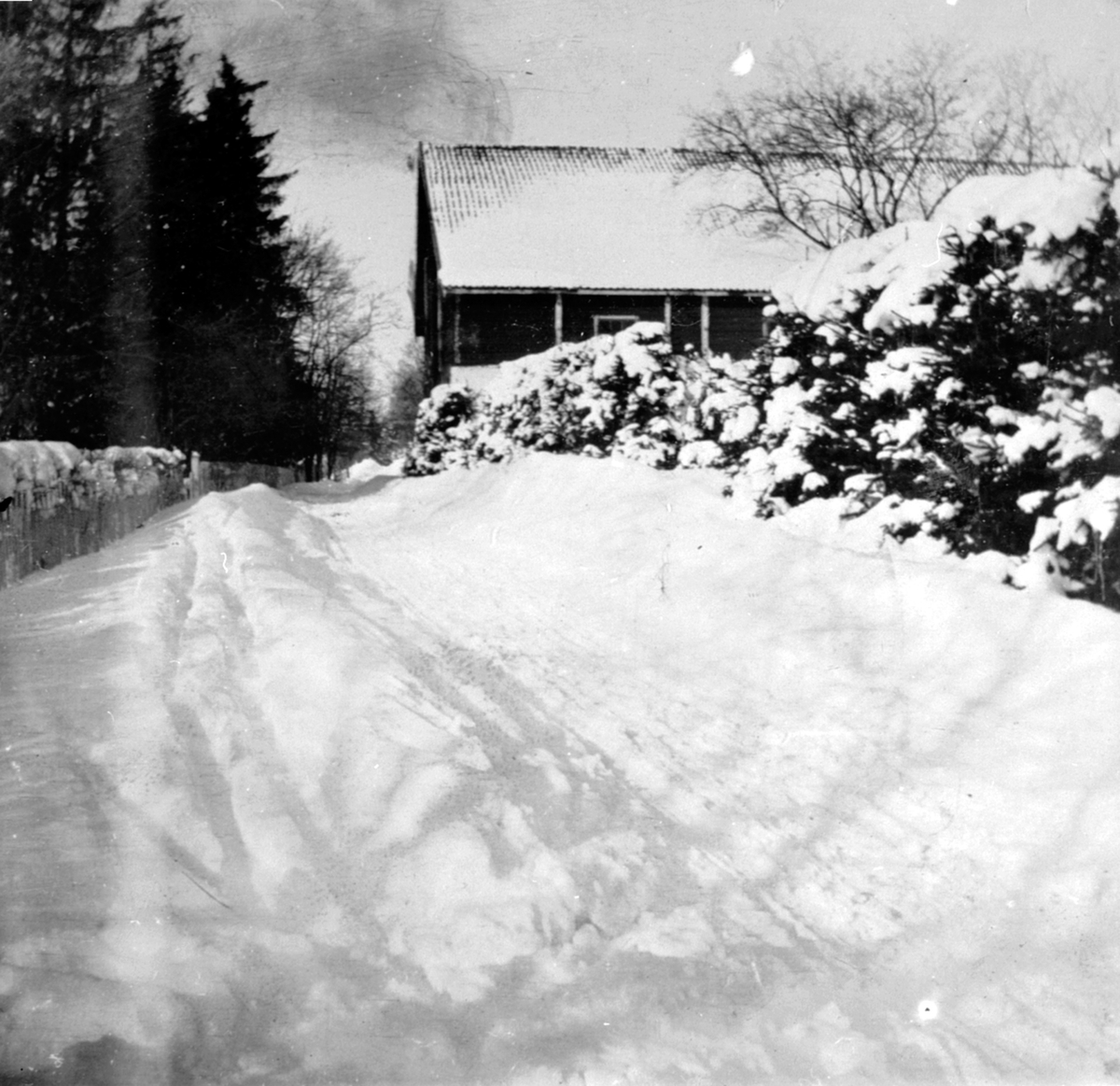 Anno Domkirkeodden, Låven på Hovelsrud, Helgøya. Vinter med mye snø. Skispor.