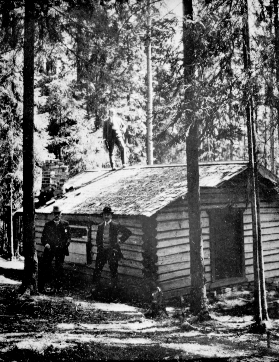 Anno Domkirkeodden, Jakthytte. Fra venstre er Rittmester Jacob Hoel (1853-1932), Nils Olssøn. På taket er Karl Olssøn (1887-1948). Hytta sto ovenfor gården. Ble flyttet tilbake til gården ved Mjøsa, etter å ha stått på Fusjesetra.