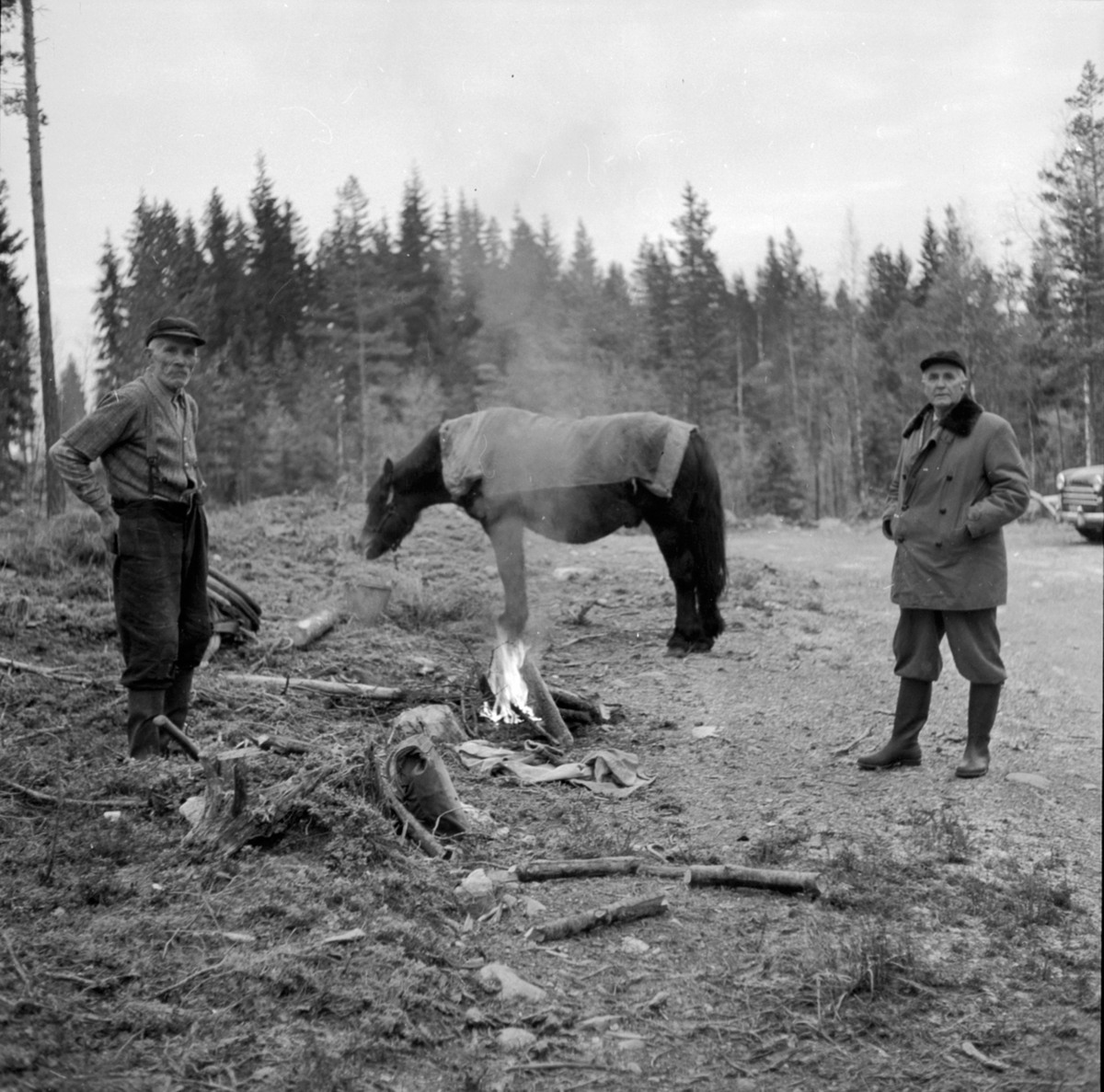 Anno Domkirkeodden, Skogbruksarbeidere. Hest med dekken. Nying, lite bål. To menn. Berger Langmoen AS, Brumunddal.