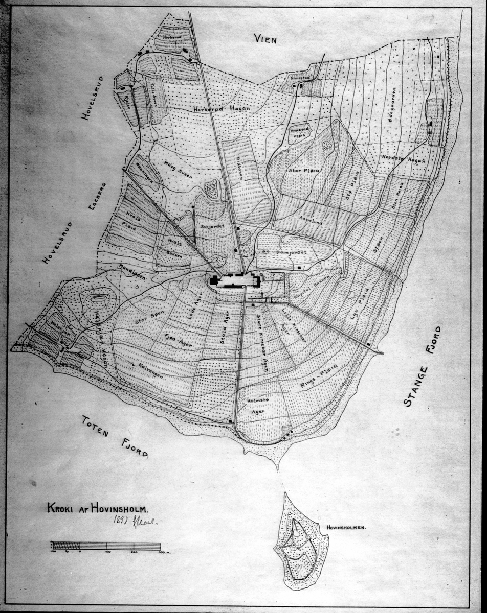 Anno Domkirkeodden, Kart over Hovinsholm, Helgøya fra 1891 med navn på alle jorder.