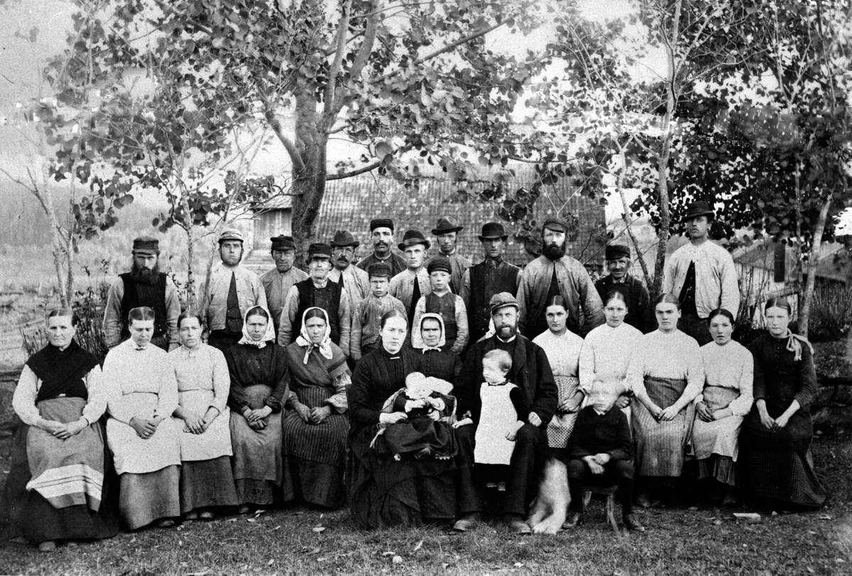 Anno Domkirkeodden, Stor gruppe arbeidere og husfolk på Ulven gård, Ringsaker, 1890.