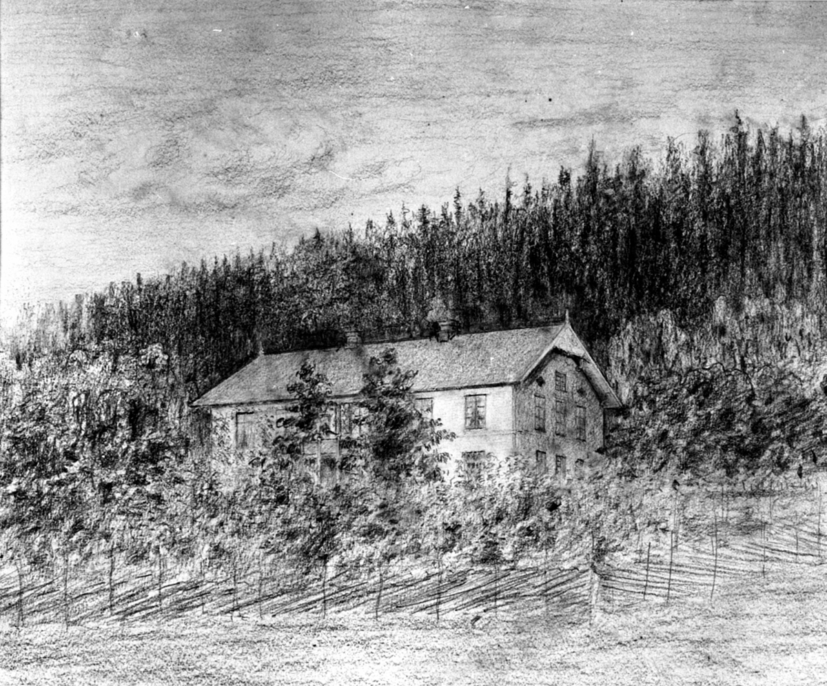Anno Domkirkeodden, Tegning av Kjelsrud, Helgøya. Tegnet av Dr. Helge Ramm Hoel (1876-1918). Hovedbygningen brant i 1896.