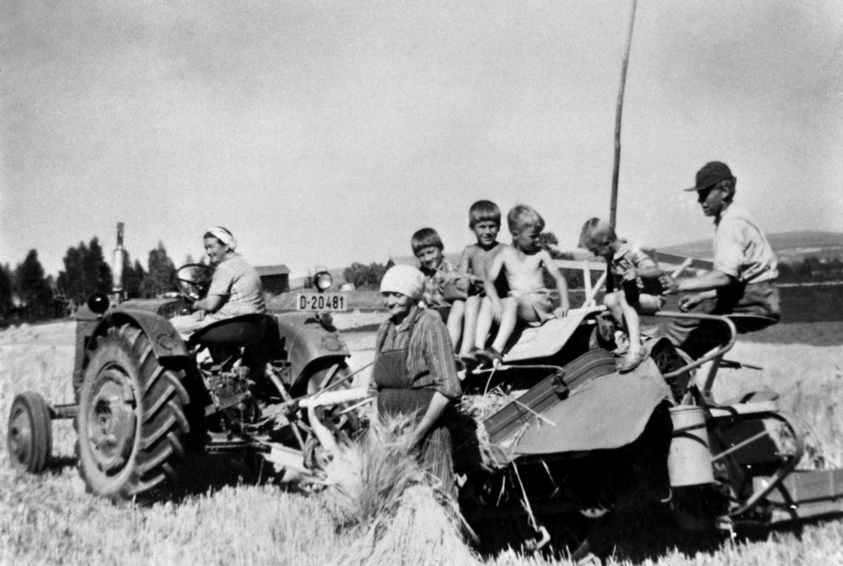 Anno Domkirkeodden, Skuronn på Hagen øvre, Ringsaker. Bergljot Rud på traktor, Nils Rud på selvbinderen. Bestemor Mathea Rud foran. Barna er Ragnar Rud, Torger Rud, Ole Sylling, Sigmund Rud.