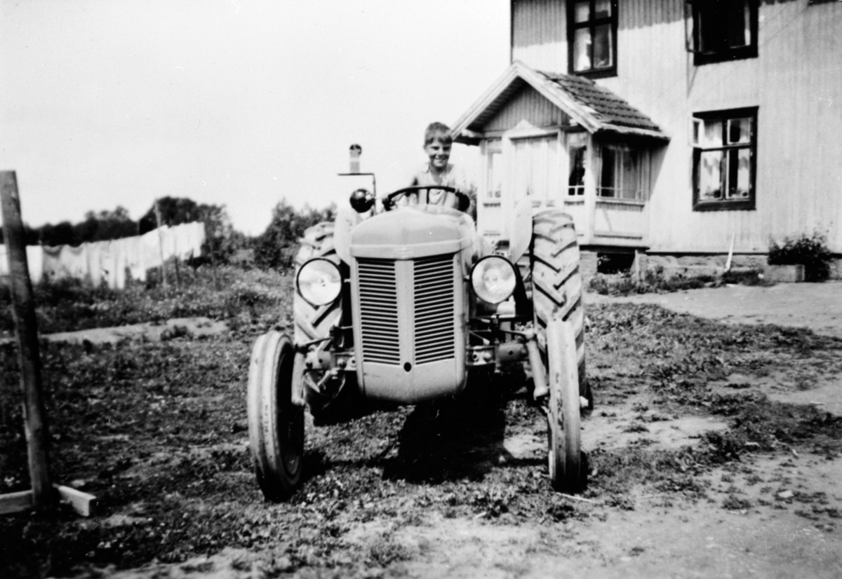 Anno Domkirkeodden, Arve Monsbakken f.1939 kjører Gråtass. Den første traktoren på Trosterud, Helgøya.