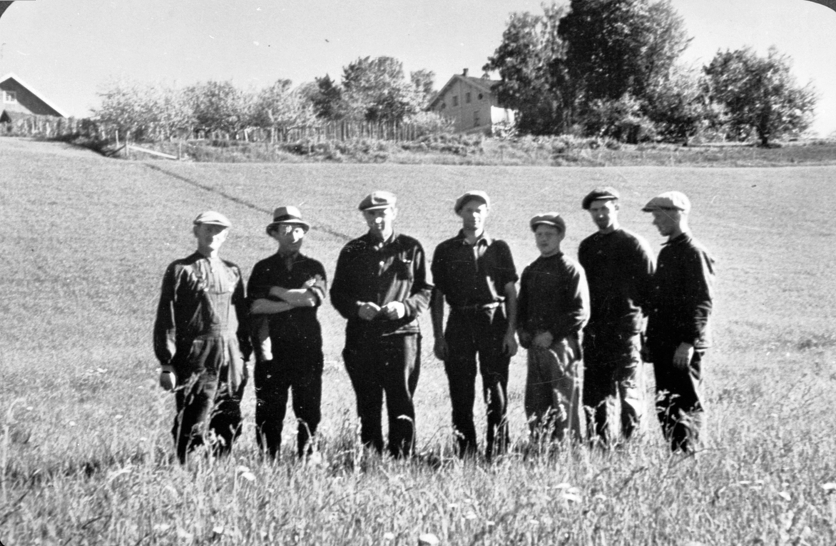 Anno Domkirkeodden, Arbeidskarer på Tjern gård, Ringsaker. Fra venstre er Oskar Johnsen, ukjent, Sverre Syversen, Einar Johansen, Mauritz Bekken, Kåre Syversen, Olaf Sjørengen.