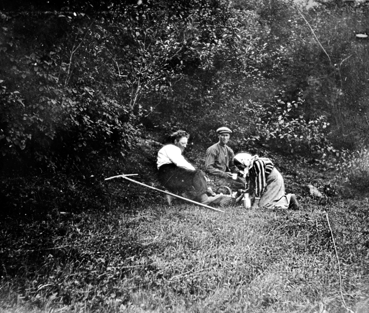 Anno Domkirkeodden, Høyonn i Nerlien, Nes, Hedmark. Kaffepause. Oline serverer Ole Nerlien (1852-1929) og en annen slåttekar.