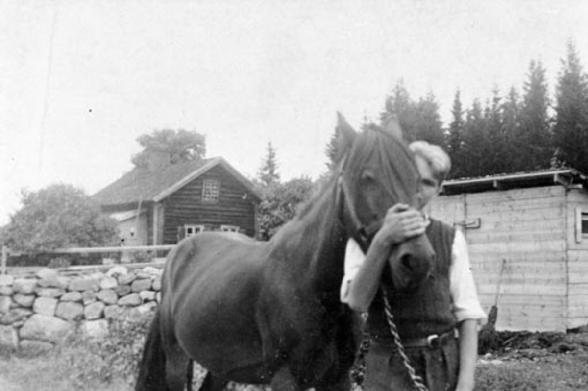 Anno Domkirkeodden, Bernt Edvard Ramstad f.1927 med hest i Engeland, Stavsjø, Hedmark.