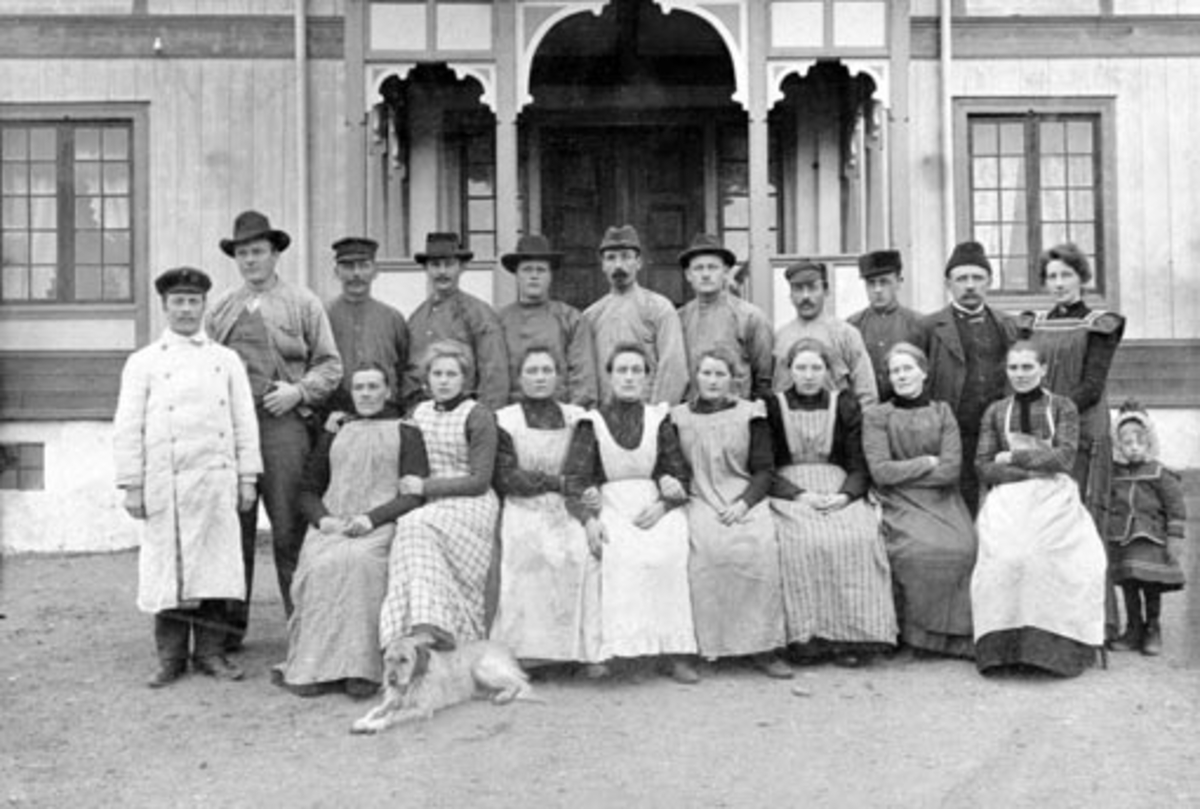 Anno Domkirkeodden, Budeiefest på Kvam, Nes, Hedmark. Bak fra venstre er agronom Handeland, Ferdinand Hilstad, Olaf Slåtten, Fr. Fossum, H. Høiby, Morten Sølvsberg, Nils Duenger, Anders Gaalaas, Lars Røhnebæk, kaptein Emil A. Svartshoel, Ida Georgine Svartshoel. Foran fra venstre er Kristiane Bye, Bergljot Ousdal. Res…
