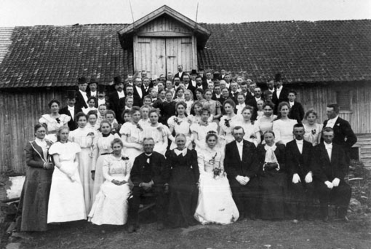 Anno Domkirkeodden, Stor gruppe bryllupsgjester oppstillt på låvebrua på Mølstad østre, Nes, Hedmark. Brudeparet er Even Berntsen Skinstad (1866-1935) og Petra Andreasdatter Mølstad (1877-1960).