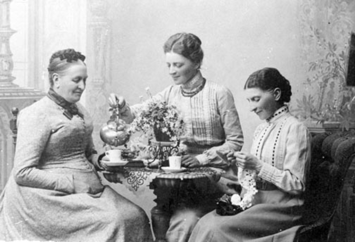 Anno Domkirkeodden, 3 damer med håndarbeid ved kaffebord. Blomster. Damen til venstre er Lise Evensdatter Gjestvang (1847-1909). Nes, Hedmark.