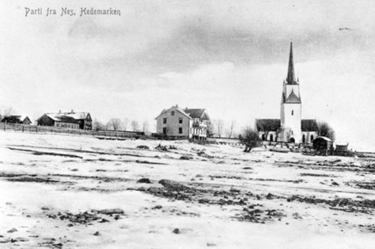 Anno Domkirkeodden, Oversikt, Tingnes, Nes kirke, Mjøsbåtekspedisjonen ved Nes brygge, Nes Handelslag, Nes, Hedmark. Vinter. Postkort.