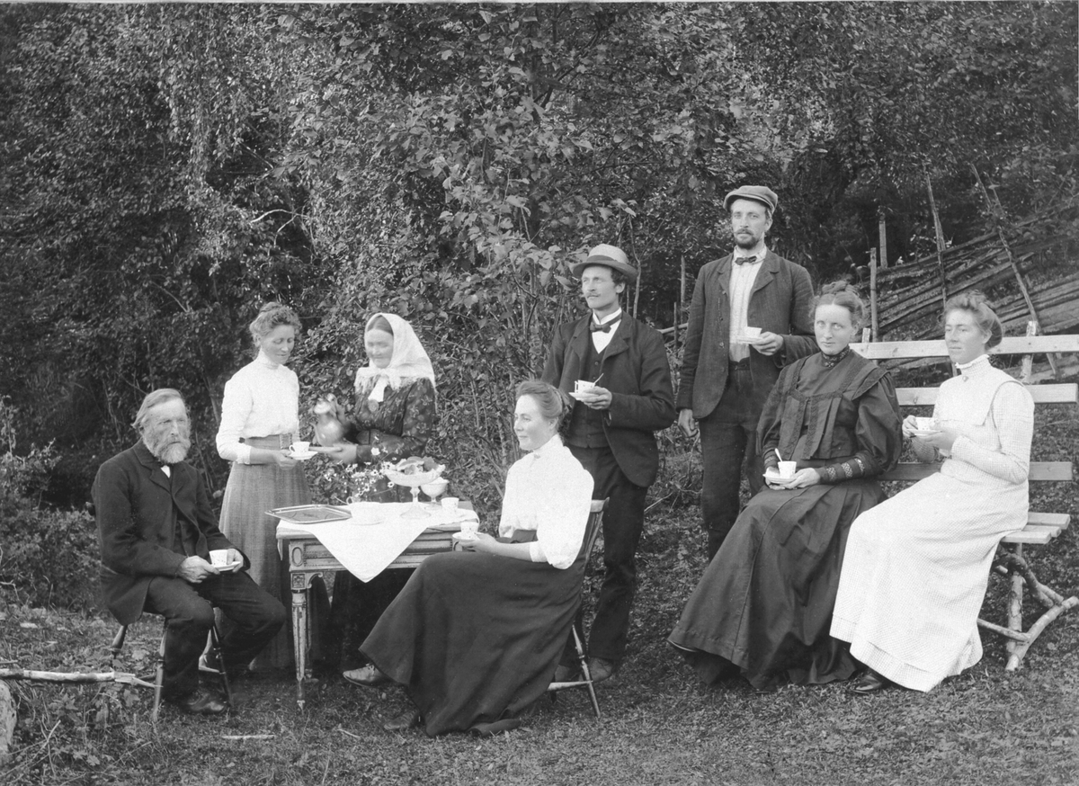 Anno Domkirkeodden, Familien Olsen i Rognhaugen, Stavsjø. Fra venstre er lærer Andreas Olsen (1844-1928), Kristine Olsen (1874-1950), Anna Christine Olsen (1844-1927), Anders Pedersen Askehagen (1879-1963), Arne Olsen Rognhaugen (1881-1971). Sittende foran er Aasa Olsen (1876-1928), Anna Dyrendal, Sigrid (1878-1944).