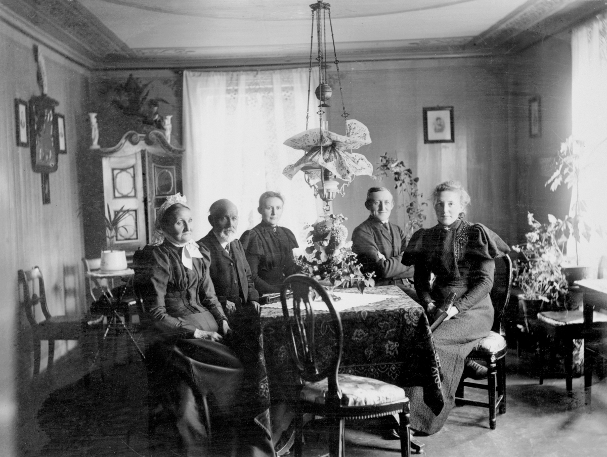 Anno Domkirkeodden, Interiør stue på Helgeby, Nes, Hedmark. Fra venstre er Juline Mortensdatter Helgeby (1830-1911), Jacob Olsen Lie (1832-1918), Anna (1869-1934), Karl Sigvard (1859-1907), Syverine (1866-1923).