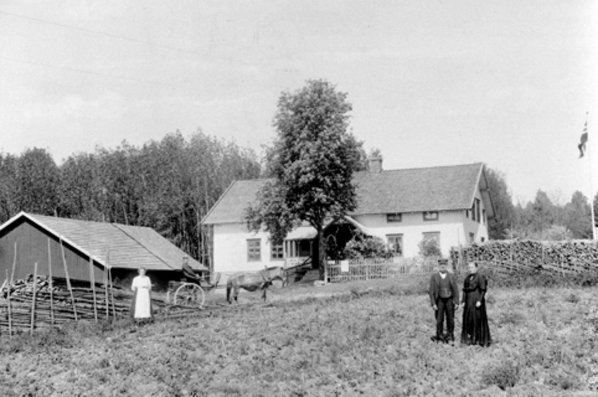 Anno Domkirkeodden, Eksteriør fra Helgeby Meieri, Nes, Hedmark. Foran i mørke klære er Karl Drager (1855-1943) med hustru Oline Andersdatter Lysrud (1866-1913). Mann med hest og gigg er Anton Lysrud (1870-1950). Butikkdame Hulda Brække til venstre.