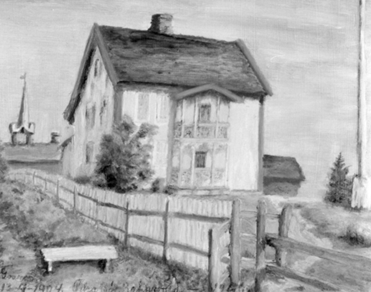 Anno Domkirkeodden, Maleri, eksteriør, den gamle og nåværende hovedbygningen på Gaarum gard, Nes, Hedmark.