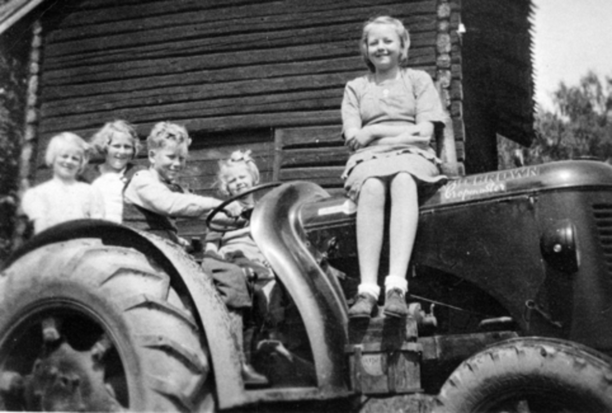 Anno Domkirkeodden, Gruppe barn på og ved en David Brown traktor på Sandvold, Nes, Hedmark. Fra venstre er Karin f.1939, 3 gjester fra Sandefjord, Solveig (1944-1991), Asbjørg Helgeby (1937-1998).