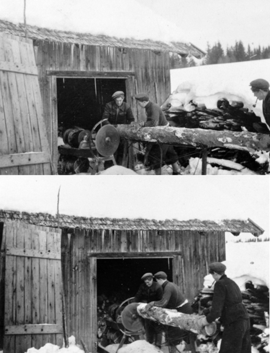 Anno Domkirkeodden, Vedkapping med sirkelsag, 3 menn arbeider i vedskåle, Åset gård, Nybygda, Ringsaker.