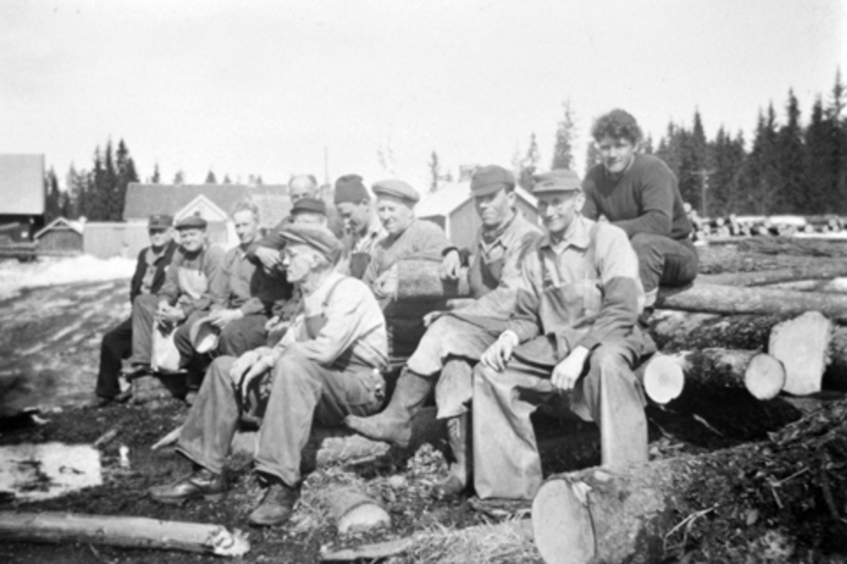 Anno Domkirkeodden, Gruppe menn på tømmervelte på Rønningen sag, Furnes Almenning, Ringsaker. Fra venstre er Ole Høgsveen, Jørgen Rognlidalen, Sigmund Lillehovde, Gunnar Rognlidalen, Ole H. Jevne, Fridtjof Fredlund, Kristen Heggelund, Asmund Westvang, Petter Bekkelien, Karl Mikkelsen Nybu. Foran er Harald Bekkelien.