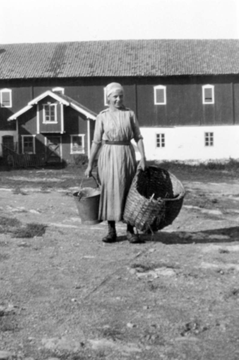 Anno Domkirkeodden, Ukjent under-budeie på Mørkved store med formeis og bøtte. Ca. 1918-19.