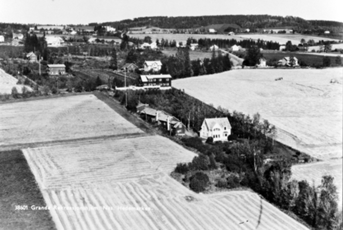 Anno Domkirkeodden, Postkort, Grande Rekreasjonsgjem, Nes, Hedmark. I forgrunn Nes Trevarefabrikk, anlagt av Albert Trogstad i 1936. Arbeidsplass for 5-6 arbeidere. Trevarefabrikken brant ned i 1950-årene.