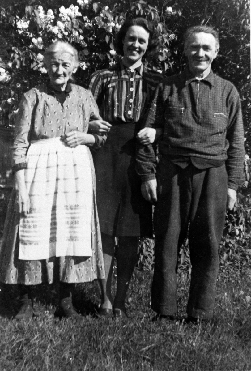 Anno Domkirkeodden, Tolvine Andersdatter Grøtlien F.1865 og Oskar Olsen Grøtlien F.1883 i Østerhagen, Nes, Hedmark, 1942. Mellom dem er Ingrid Foss, Veum, Nes.