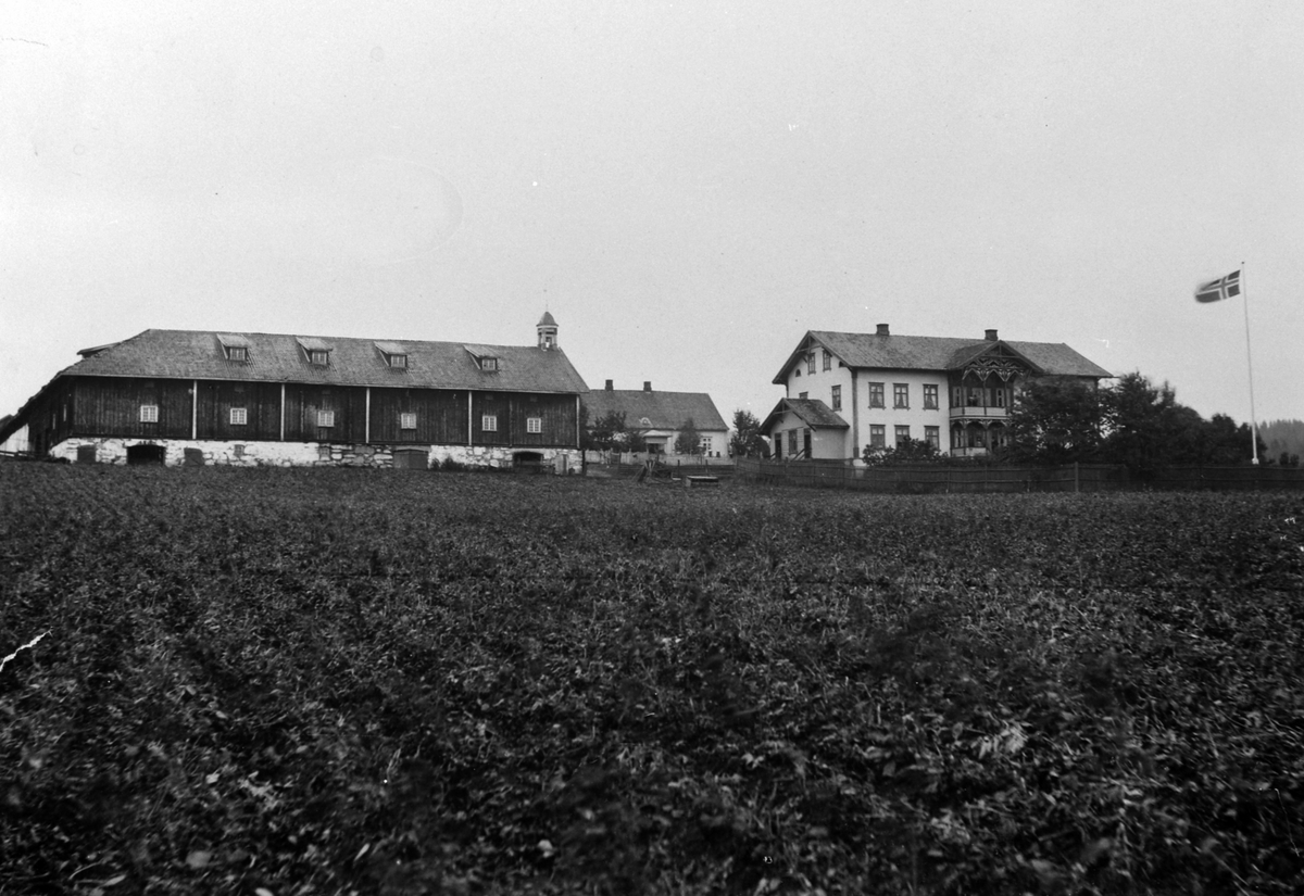 Anno Domkirkeodden, Eksteriør, Opsal gard, Veldre, Ringsaker. Huset i midten, føderådsbygningen brant ned i 1921. Ca. 1900-03, flaggdag.