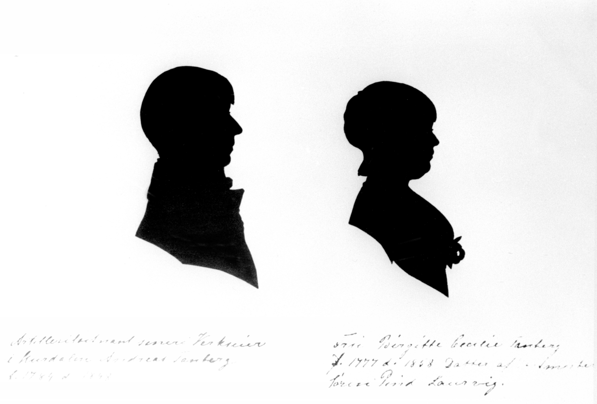 Anno Domkirkeodden, Silhuetter av ekteparet Tandberg som eide Sendstad, Nes, Hedmark i 1840-åra. Andreas Lund Tandberg (1784-1848) og Birgitte Cecilie Pind (1777-1858).