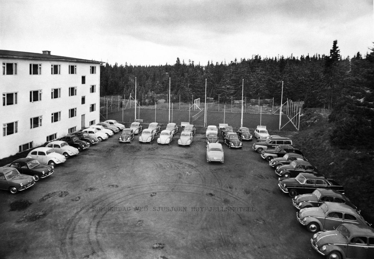 Anno Domkirkeodden, Ca. 30 volkswagen biler parkert ved Sjusjøen høyfjellshotell, fest for de ansatte i 1964.