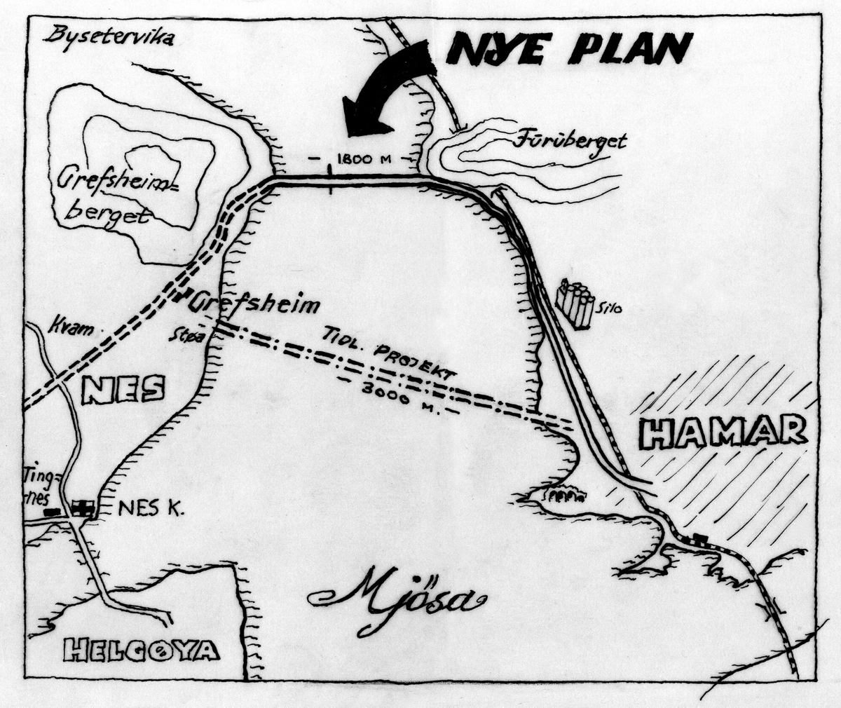 Anno Domkirkeodden, Bruplan, Furuberget-Snipsandodden, planlagt å koste 25 millioner, avstand over Mjøsa er 1800 meter.