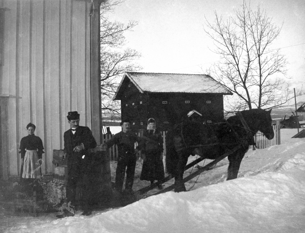 Anno Domkirkeodden, GRUPPE: 4 UTENFOR GAMMELBYGNINGEN, HEST MED VANNTANK? PÅ SLEDE, VINTER, STABBUR I BAKGRUNNEN, INGEBERG STORE