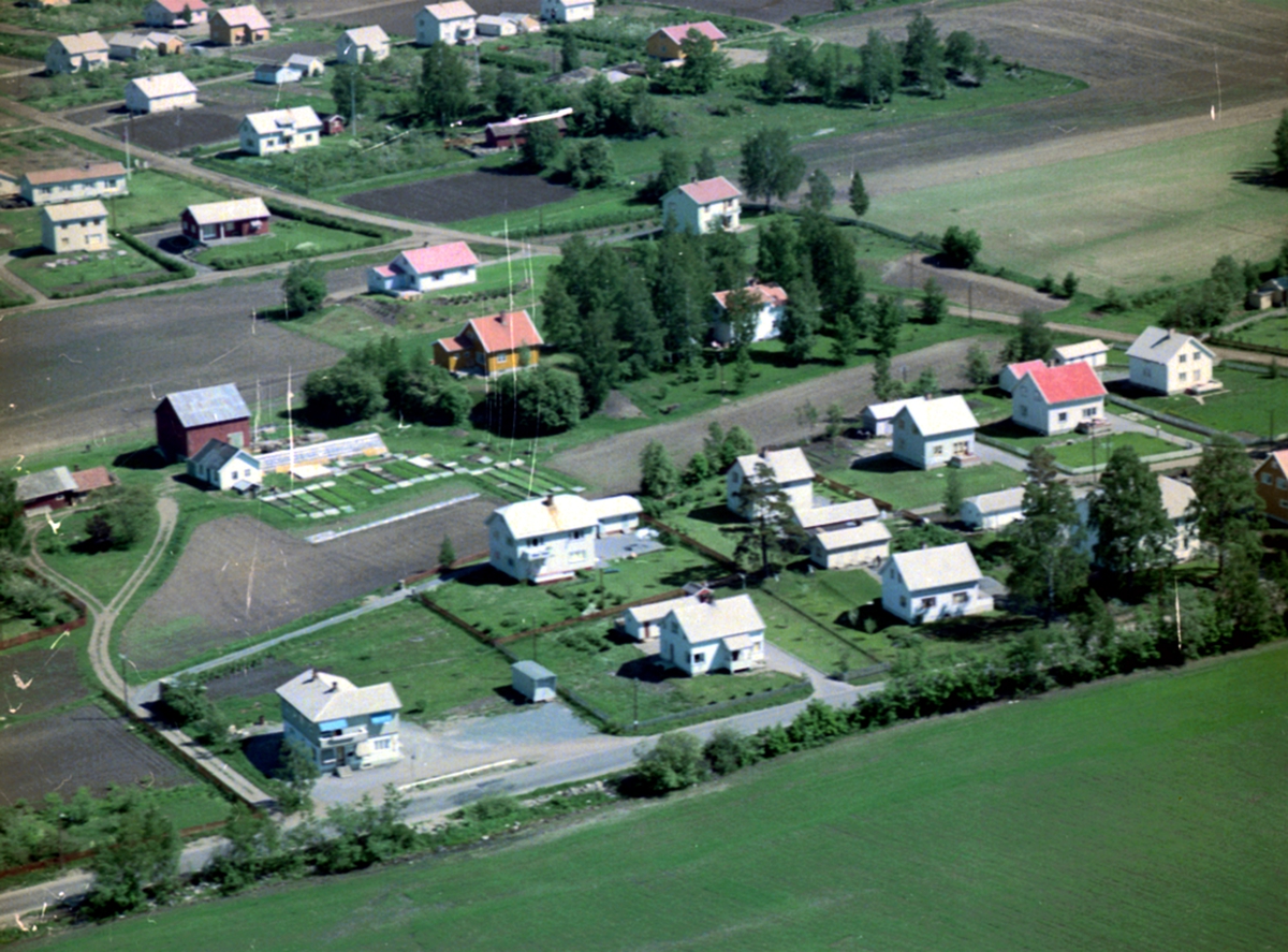 Widerøes Flyveselskap A/S, FLYFOTO BOLIGBEBYGGELSE I BEKKELAGET, BASTERUDVEGEN, HAAKENSTADVEGEN, NORDLYSVEGEN, RIKSVEG 22, BASTERUDVEGEN 10 (GULT, OKER?, HUS) OG NR. 8 DELVIS SKJULT. Her lå det ett gartneri før,, der det nå er Aldershjem, huset hjemme ligger også helt inntil jordet der som det nå også ligger eldreboliger., d…