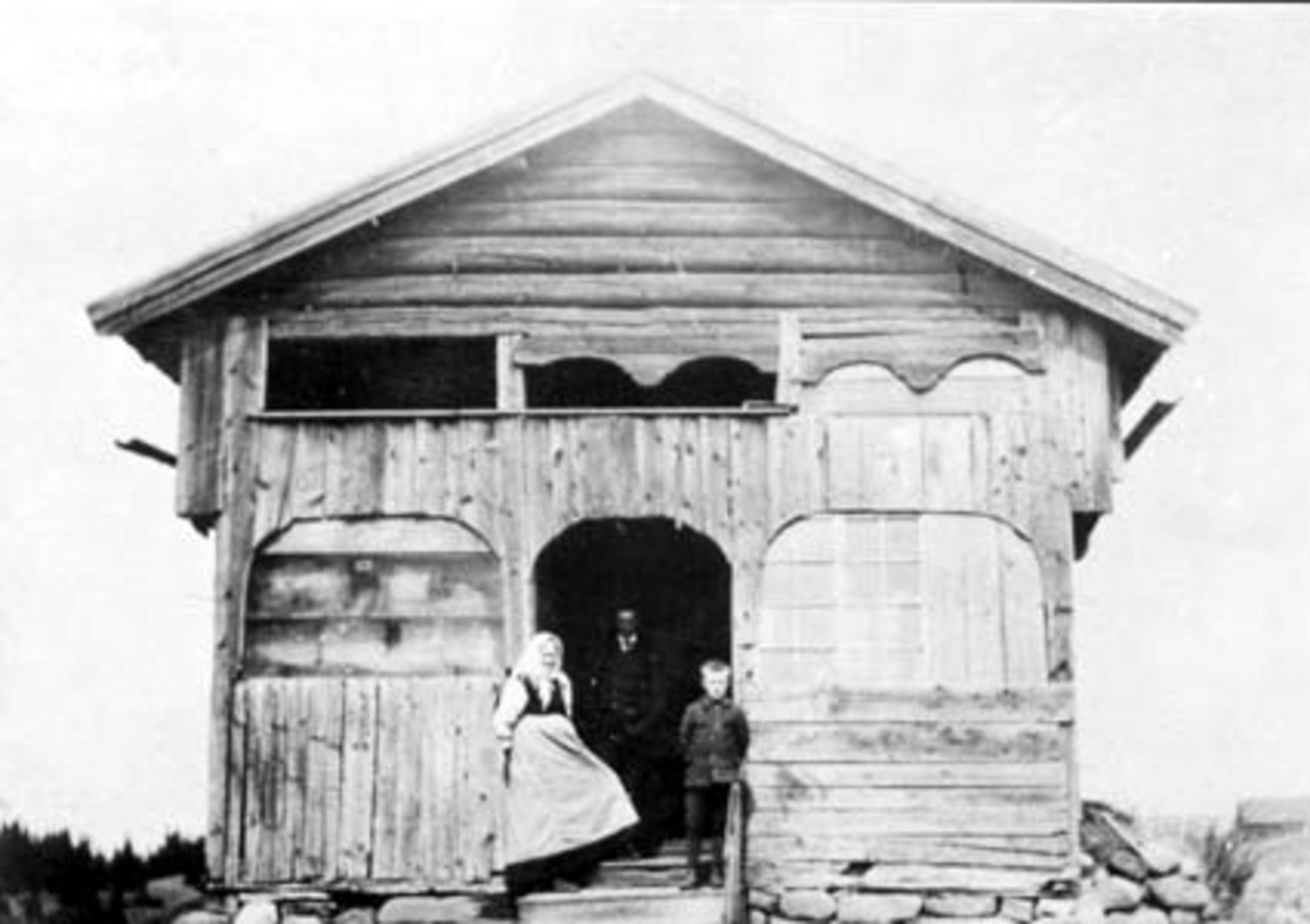 Anno Domkirkeodden, EKSTERIØR: ELTONBAKKEN, GRUPPE: 3, FAMILIE I TRAPPA, ELTON ØSTRE, ELTONSTUA FØR FLYTTING TIL HEDMARKSMUSEET.