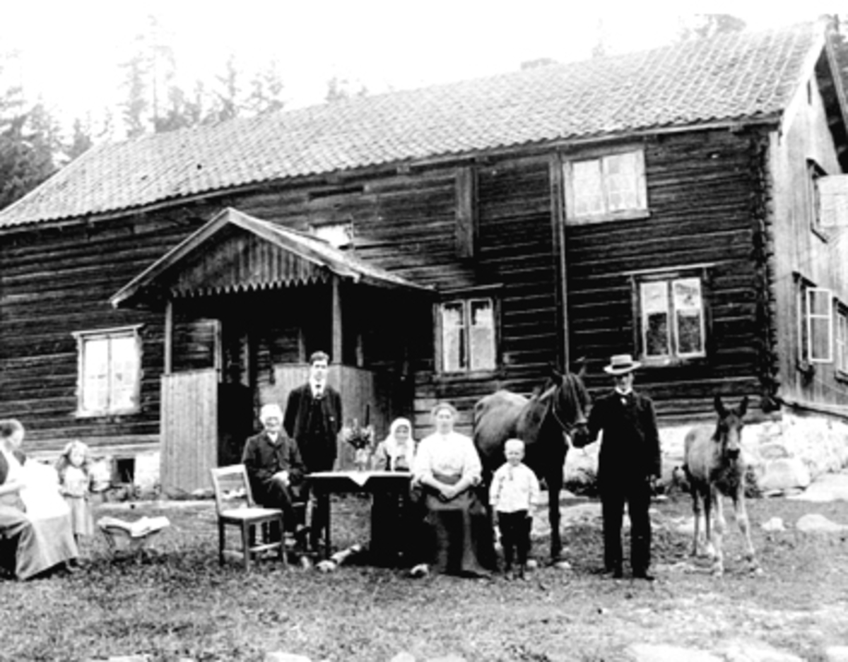 Anno Domkirkeodden, EKSTERIØR: GARDSBRUK, HOVEDBYGNINGEN, PRESTÅSEN ØVRE, TANGEN, GRUPPE: 9 FORAN HUSET FRA VENSTRE: JOHANNE PRESTAASEN MED HALVARD PÅ FANGET, ESTER KILDAHLEN, EVEN PRESTAASEN, EVEN E. PRESTAASEN, ELINA PRESTAASEN, ANNA PRESTAASEN, EINAR PRESTAASEN, HAAGEN PRESTAASEN