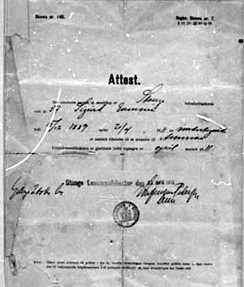 Normann Helger, ATTEST, SIGURD EVENSEN, STANGE, TILLATELSE TIL Å UTVANDRE TIL AMERIKA, USA