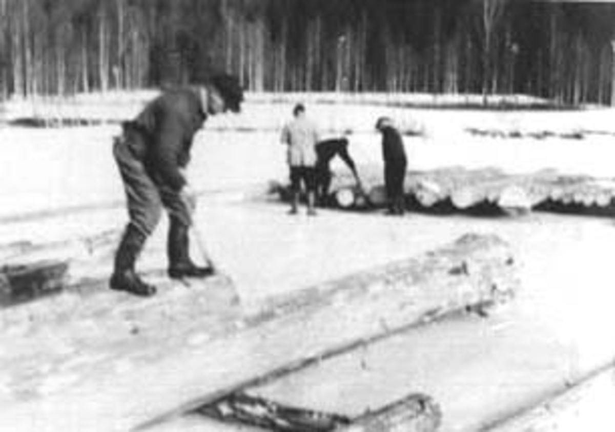 Normann Helger, TØMMERMÅLING PÅ MALUNGTJERNET, VINTER, IS, GRUPPE: 4 MENN ARBEIDER, ROMEDAL