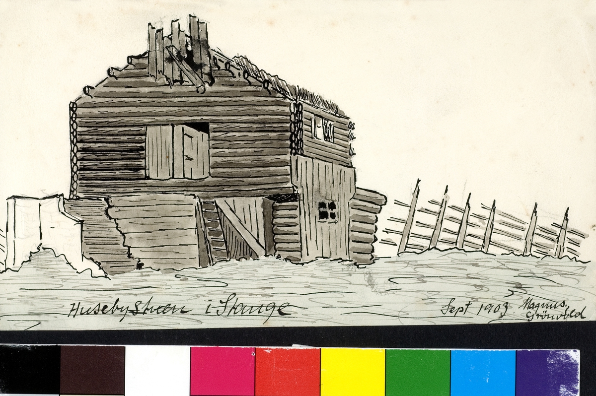 Anno Domkirkeodden, TEGNING AV HUSEBYSTUEN, STANGE. TEGNET AV MAGNUS GRØNVOLD. Ramloftstua. Huseby: